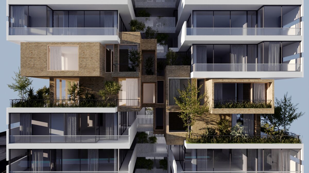 نمای نزدیک از بافت و متریال پروژه متزو با پنجره‌های سرتاسری، چوب، آجر و گیاهان زینتی در تراس‌ها